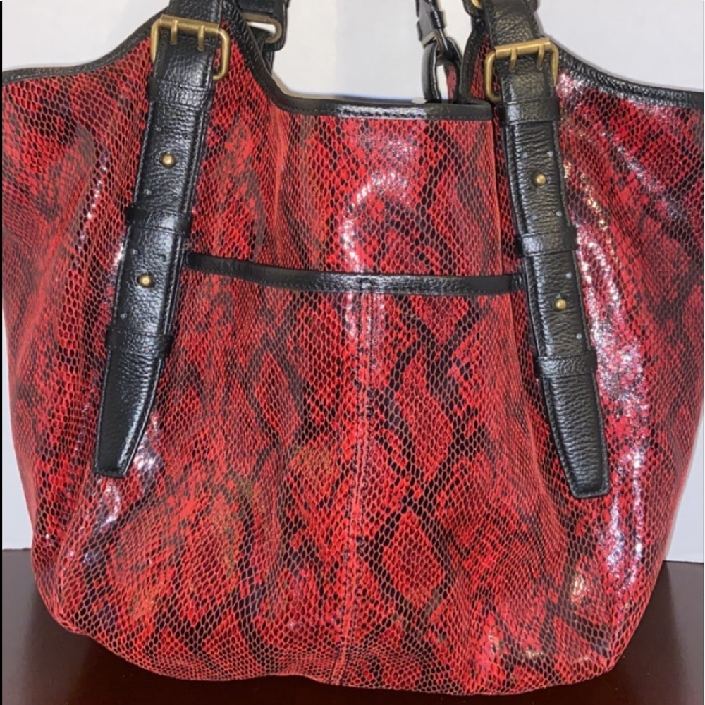 Queen Latifah large red and black snake skin print handbag